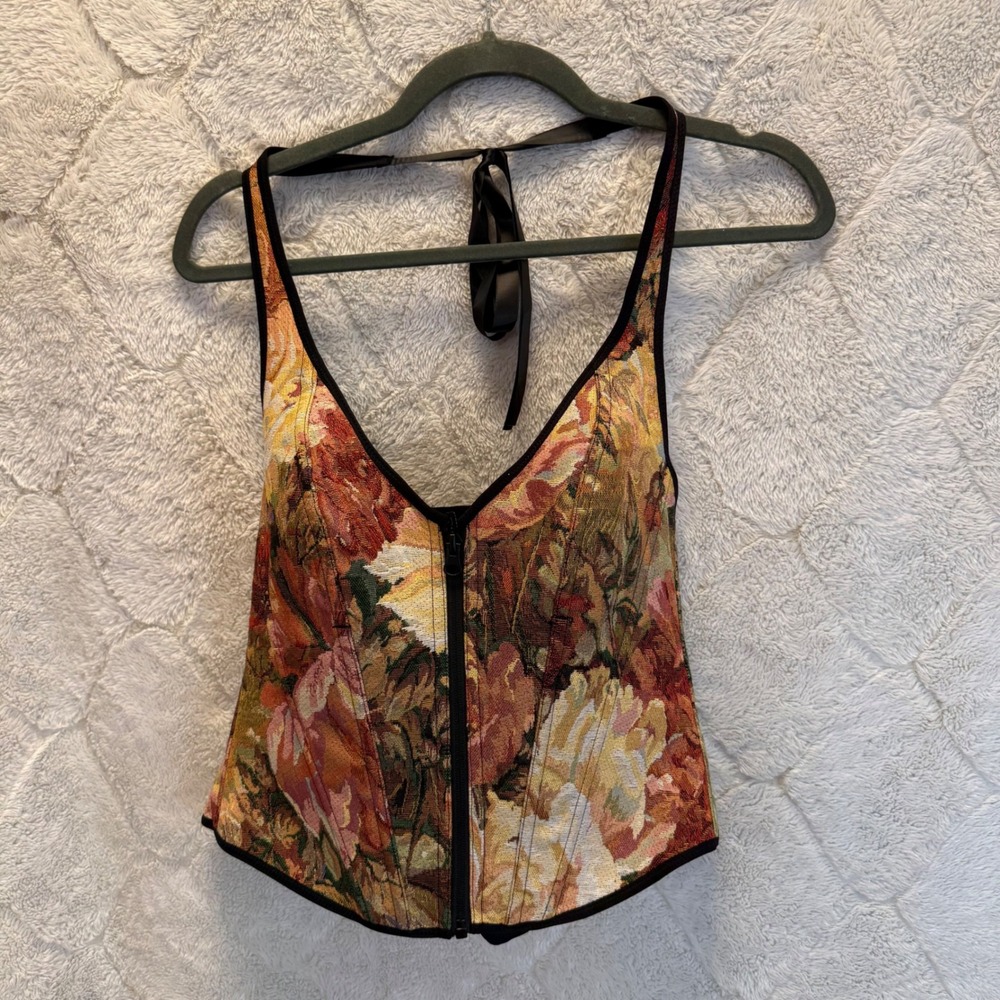 Floral Tapestry Corset Top Lace Up Back Zip Front Halter Renaissance Cottagecore